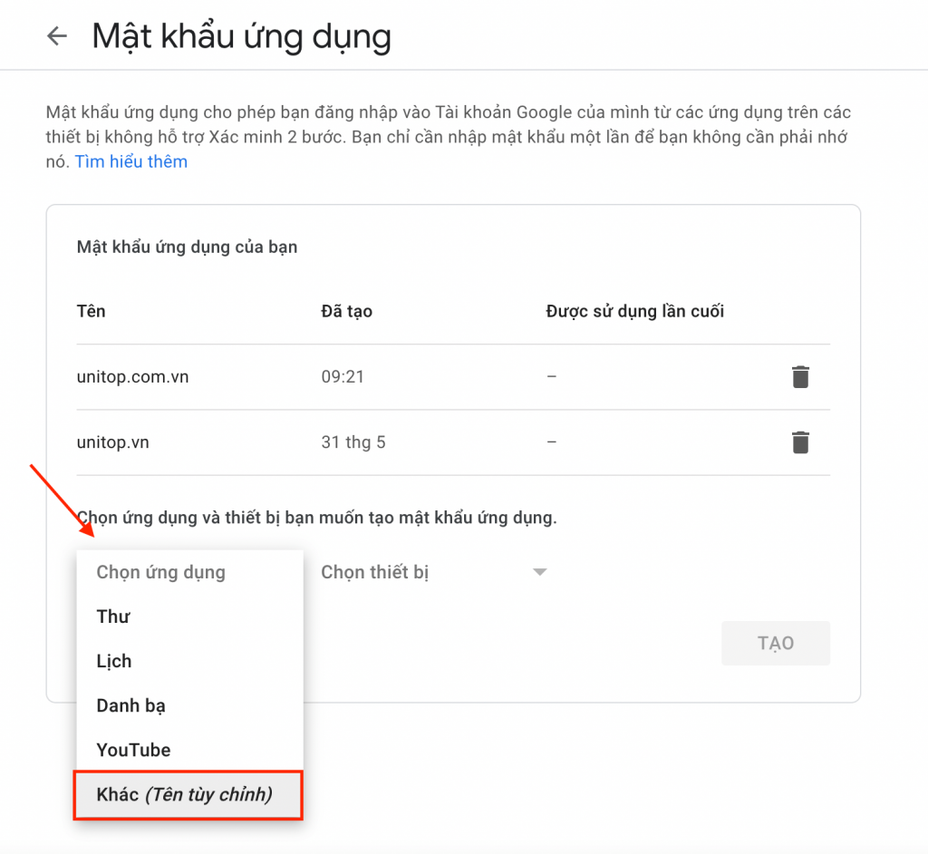 Tạo mật khẩu ứng dụng Gmail